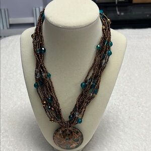 Multi Strand Necklace, Bronze Beads, Pendant Bronze/Turquoise Sparkle Swirl